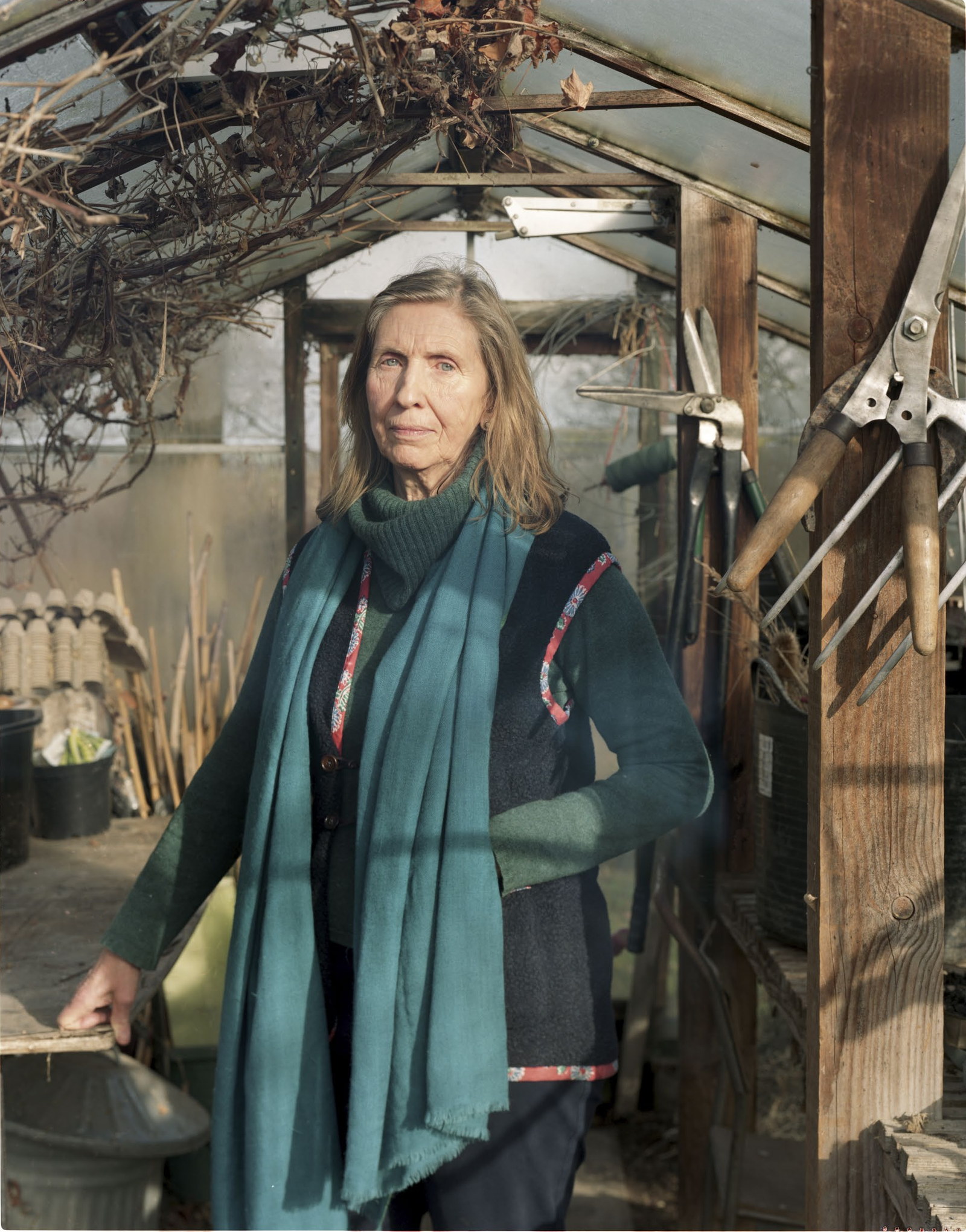 A writer standing in a glasshouse doorway